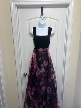 Eliza J Black Maxi Dress with Pink Floral Overlay